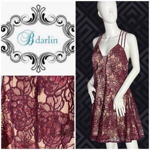 B Darlin Rose Sequin Wine Burgundy Skater Dress Size 13/14 fits small